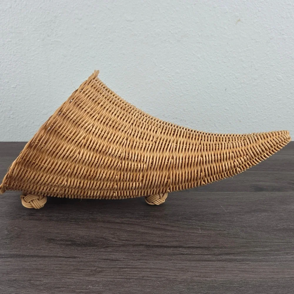 Vintage Wicker Cornucopia Basket 2pc Set Tan Thanksgiving Fall Decor Rustic